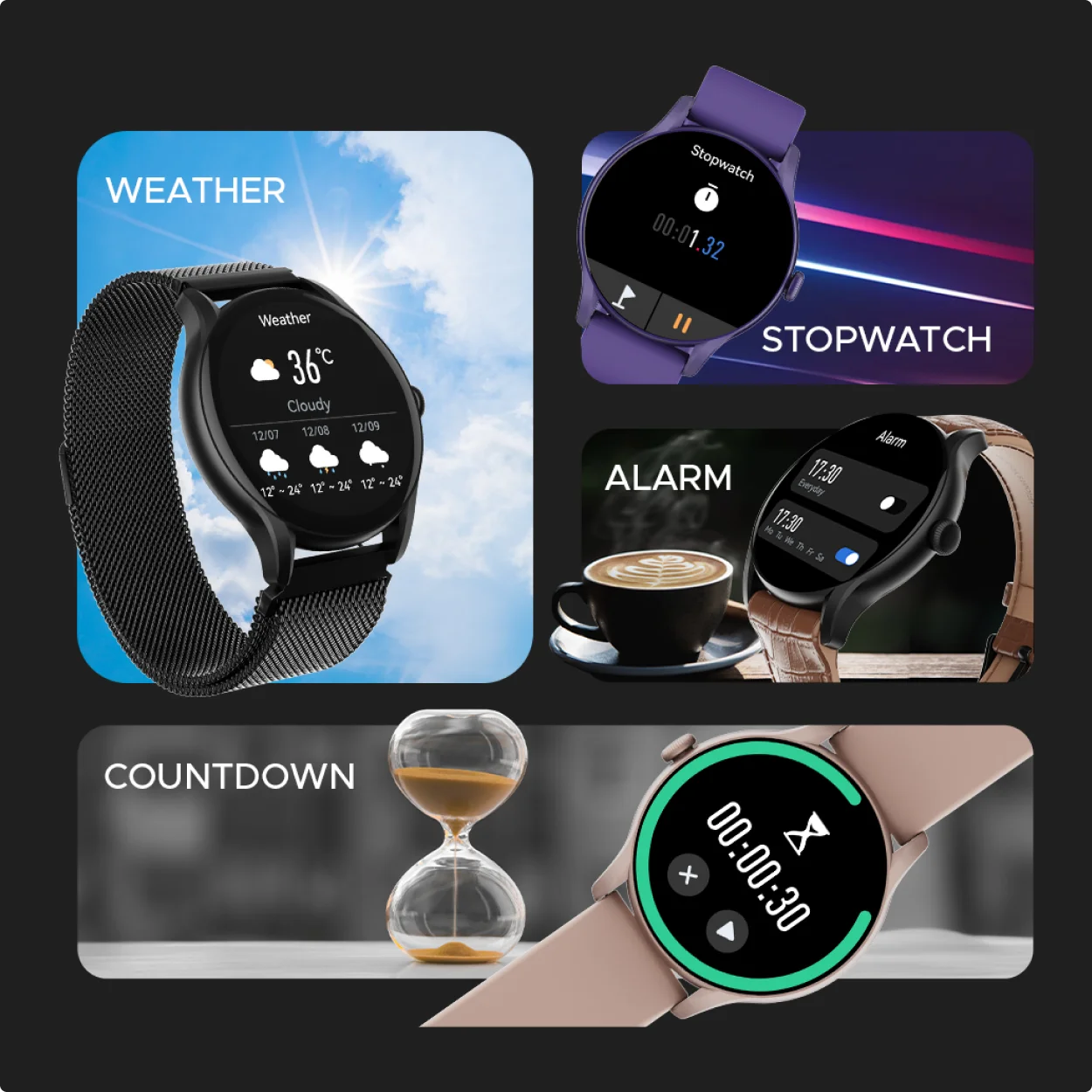 weather, stopwatch, alarm, and countdown feature of the watch for meta ads