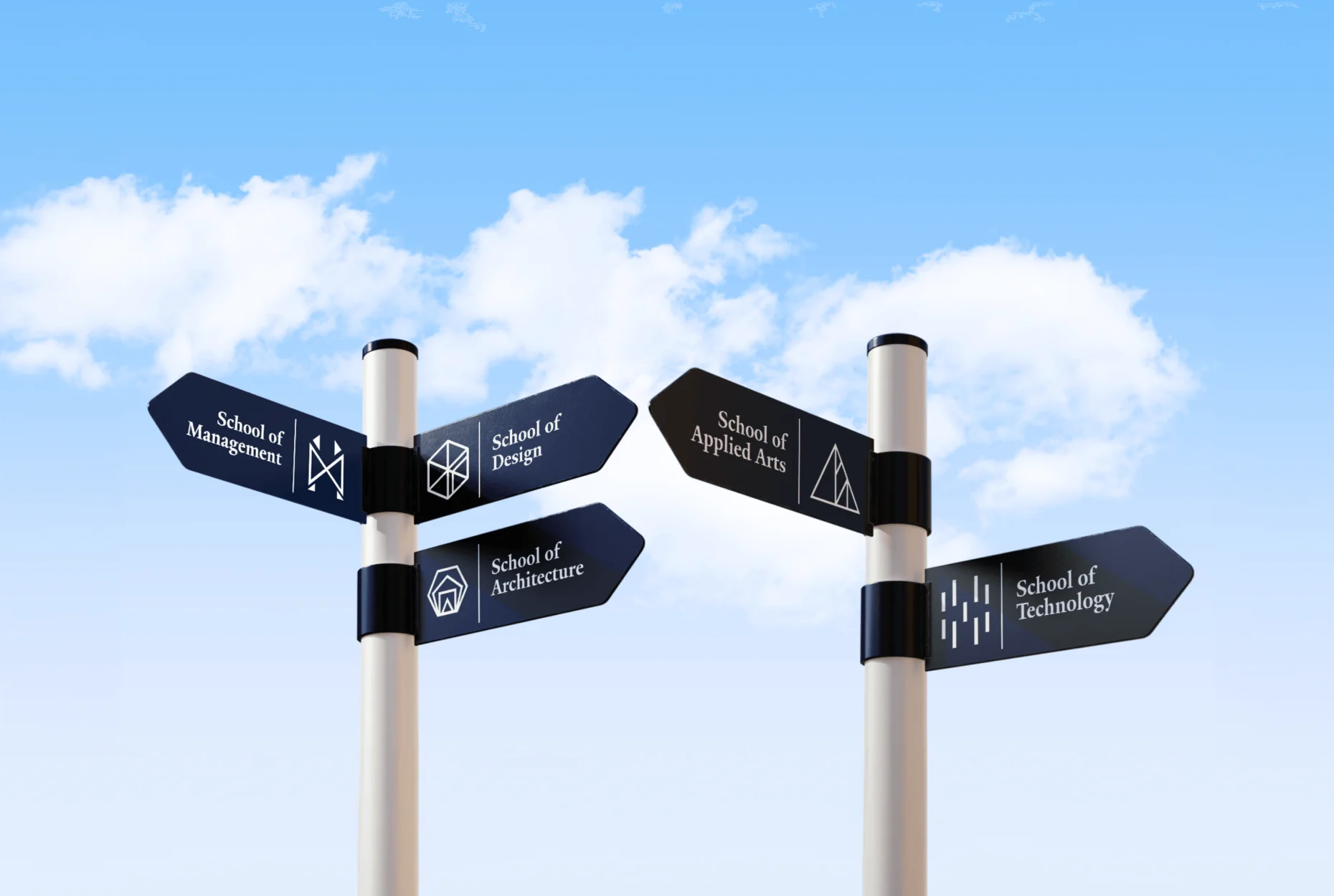 Directional signpost with arrows pointing to different schools of Prestige University.