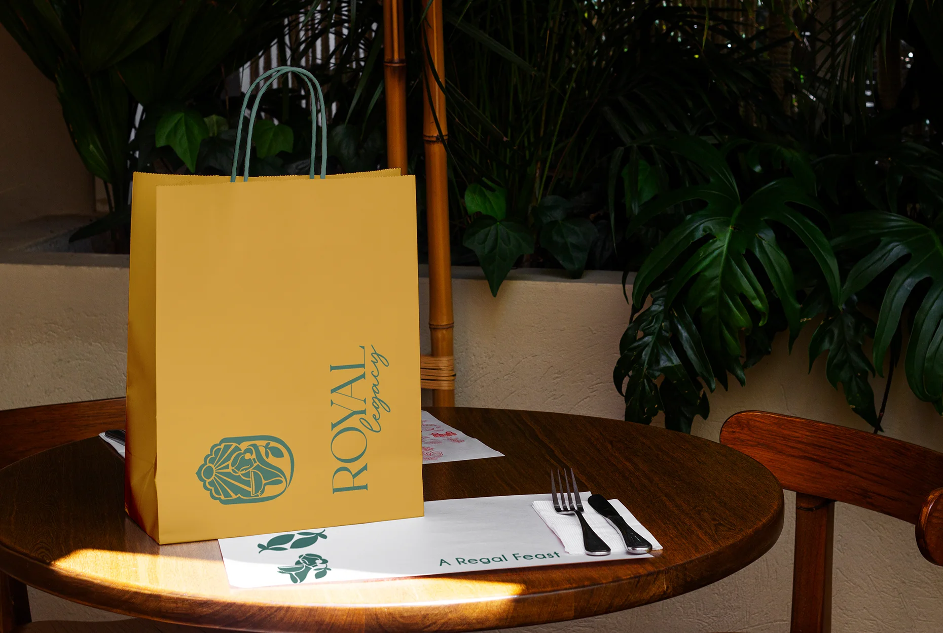 Royal Legacy’s signature paper bag sits elegantly on a wooden table, set against lush greenery, reflecting a refined dining experience.