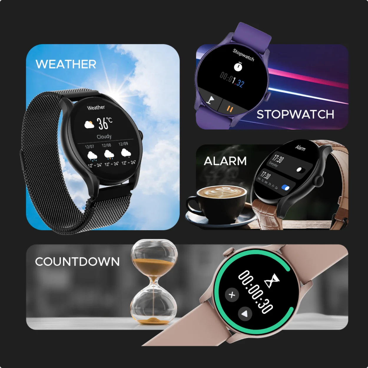 weather, stopwatch, alarm and countdown feature of watch for meta ads